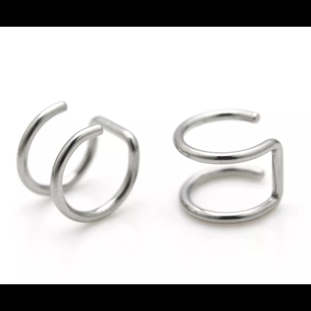 SET of 2 Silver Ear Cartilage Clip Double Bar Minimalist Earrings